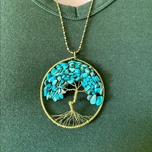 True Brass & Turquoise Handmade Tree Pendant